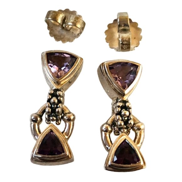 Sterling Silver & Amethyst Vintage Earrings Post Drop Dangle Triangle Shape - Picture 7 of 11